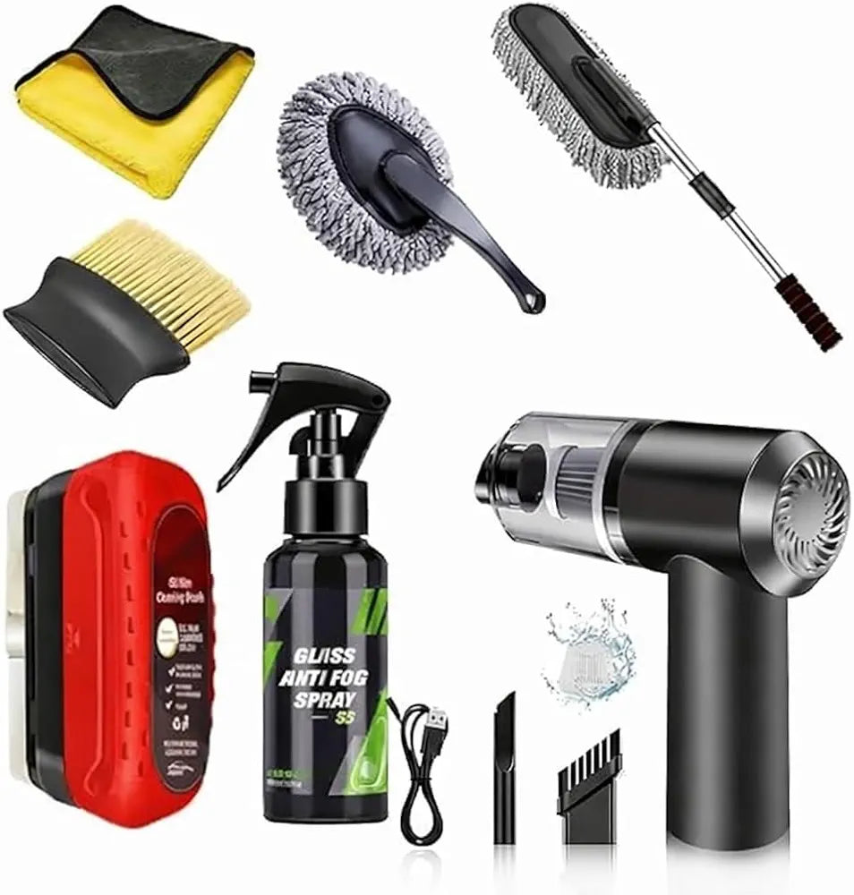 Azriel® 7 PCS Car Cleaning Kit with 3-in-1 Mini Vacuum Cleaner, Microfiber Cloth, Duster, Wheel Brush, Anti-Fog Spray & Glass Cleaning Tools (7 in 1 Car Combo)