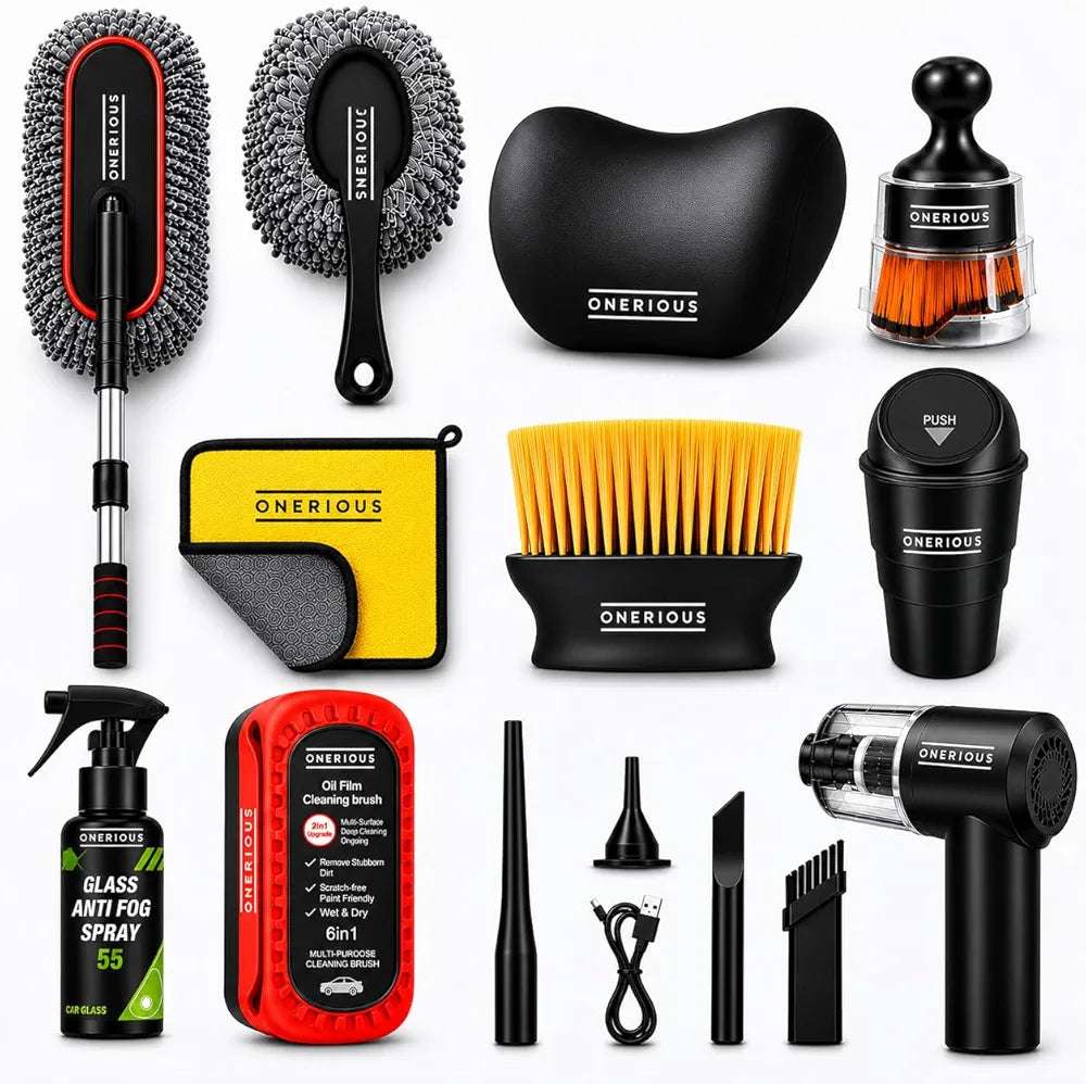 10 PCS Car Cleaning Kit Combo with Portable Car Vacuum Cleaner | Car Memory Foam Pillow with Car Dustbin, Detailing Brush, Microfiber Cloth, SUVs Cleaning Kit (Large 10 Pack)